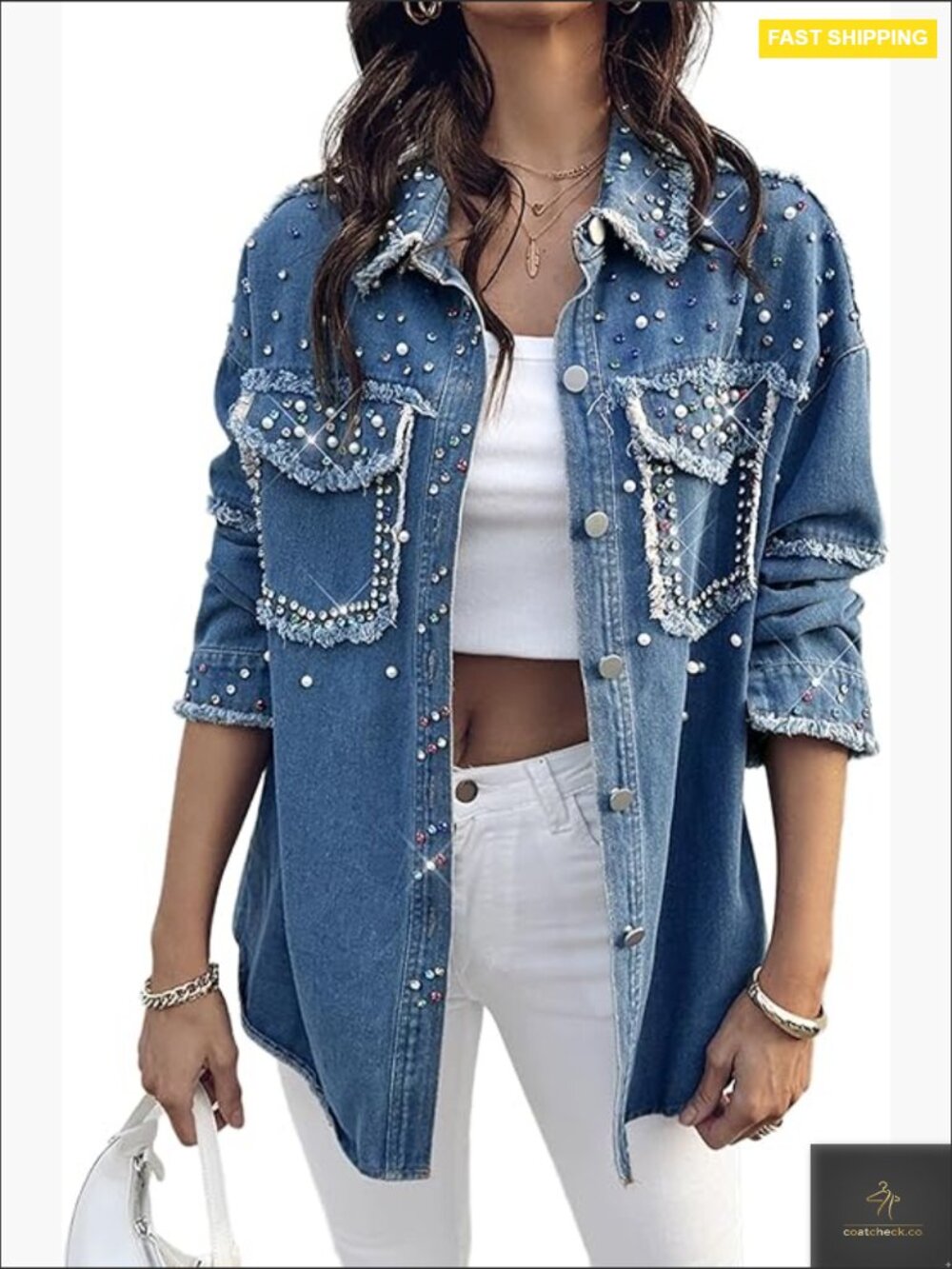 Embellished Denim Jacket Distressed Studs Classic Fit Y2K Chic Statement Piece